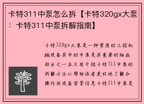 卡特311中泵怎么拆【卡特320gx大泵：卡特311中泵拆解指南】