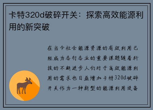 卡特320d破碎开关：探索高效能源利用的新突破