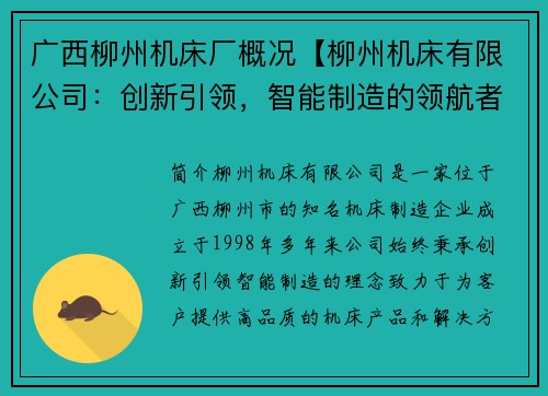广西柳州机床厂概况【柳州机床有限公司：创新引领，智能制造的领航者】